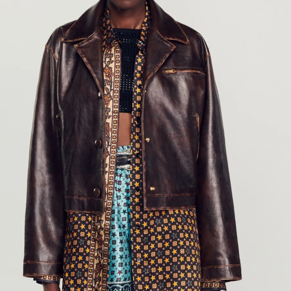 Sandro Jude distressed leather jacket. Brown. Size 6. Perfect condition.